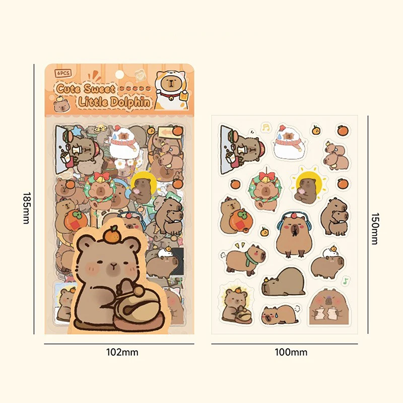 Capybara Cartoon Stickers, Transparente, Impermeável, Material Escolar, Diário, Decoração, Papelaria, Bonito, 6 Folhas por Pacote