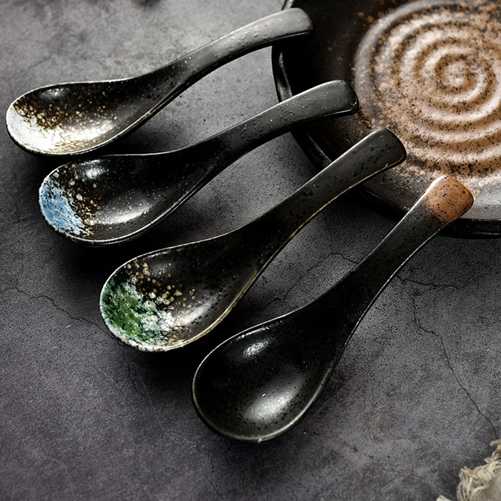 5Pcs Ceramic Spoon Vintage Japanese Style Tableware Soup Spoon Rice Spoon Restaurant Spoon Porridge Spoon Porcelain Spoon