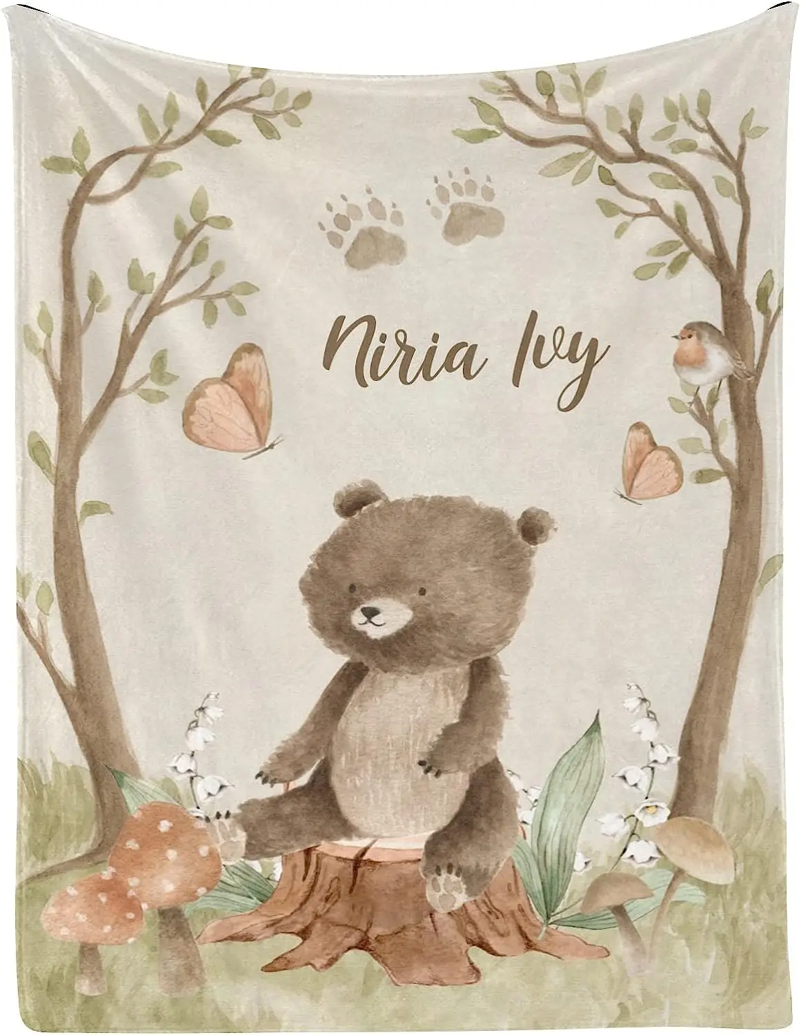 Woodland Animals Forest Bear Personalized Kid Baby Blanket Customized 30 x 40 Inch Throw with Name Text for Girl Boy