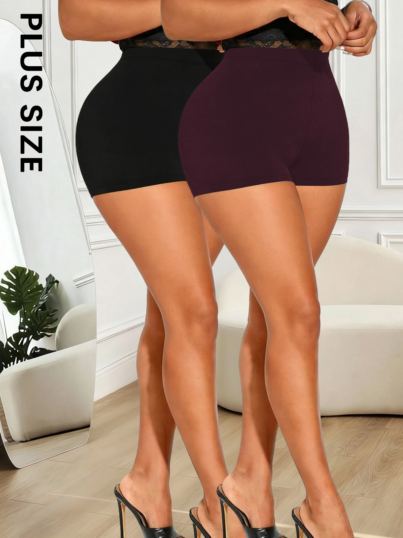 

2 pack Plus Size Women's High Elastic Biker Shorts, Super Soft Proof Yoga Running Cycling Workout Gym Fitness Activewear Tights