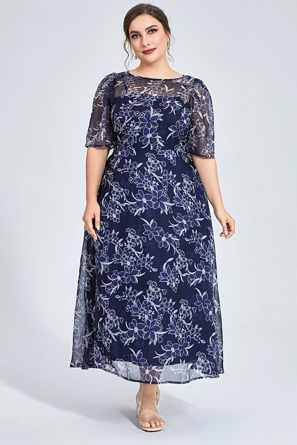 

Plus Size Women Navy Blue Floral Print Chiffon Maxi Dress Half Sleeve Round Neck Elegant Casual Wedding Guest Evening Dresses