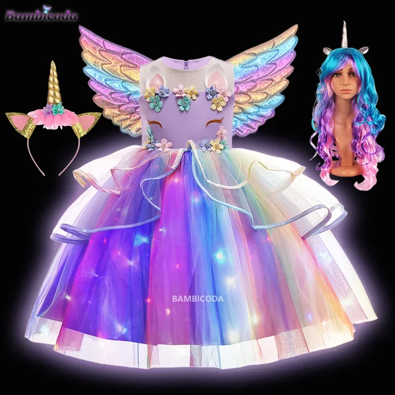 Halloween unicorn cosplay costume with LED light kids party stage performance dress birthday gift girls Christmas costume