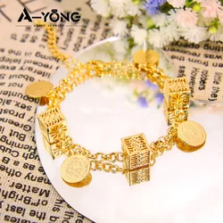 Arab Fashion Coins Bracelet 21k Gold Plated Turkish Chic Square Pendant Chains Dubai Muslim Women Wedding Party Gold Jewelry