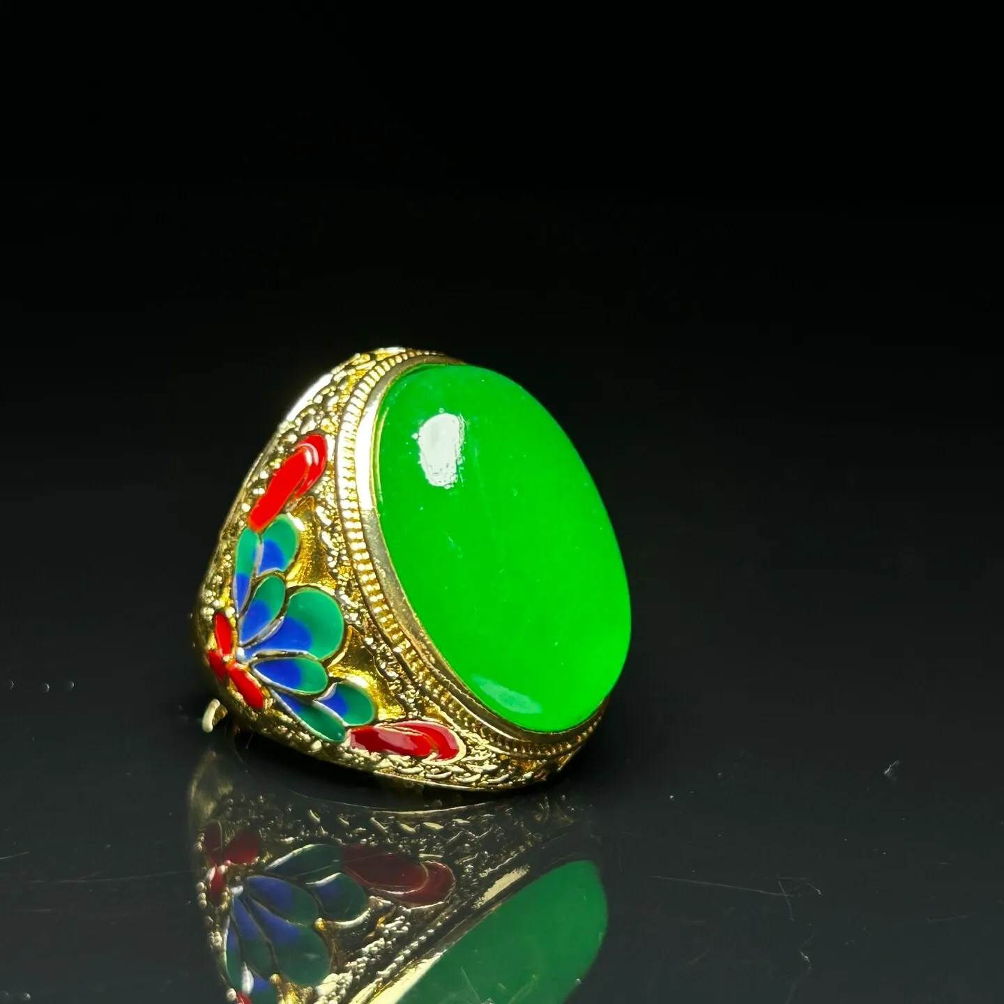 Nature inlay ice green Burmese Jade Jadeite luck Amulet ancient adjustable Rings