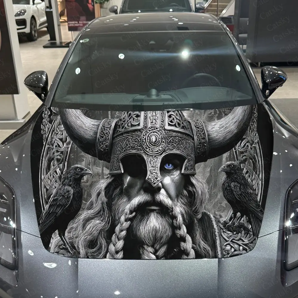 Nordic Horned Helmet Figure with Ravens Car Vinyl Wrap, PVC Waterproof Car Hood Sticker, Self-Adhesive Scratch-Resistant Sticker - view 4