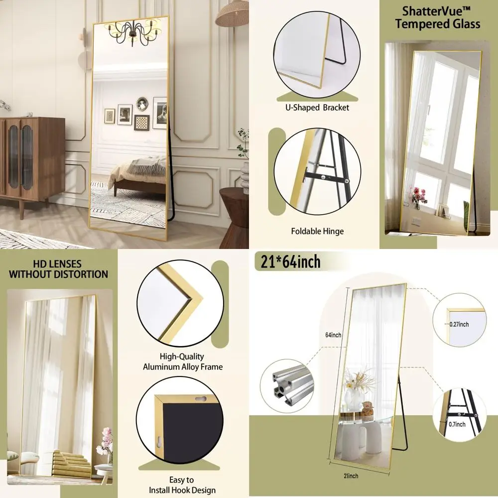 

Full Length Standing Rectangle Mirror 64x21 for Living Room and Bedroom, Gold Frame, Wall or Floor Mountable, Large Mirrors for