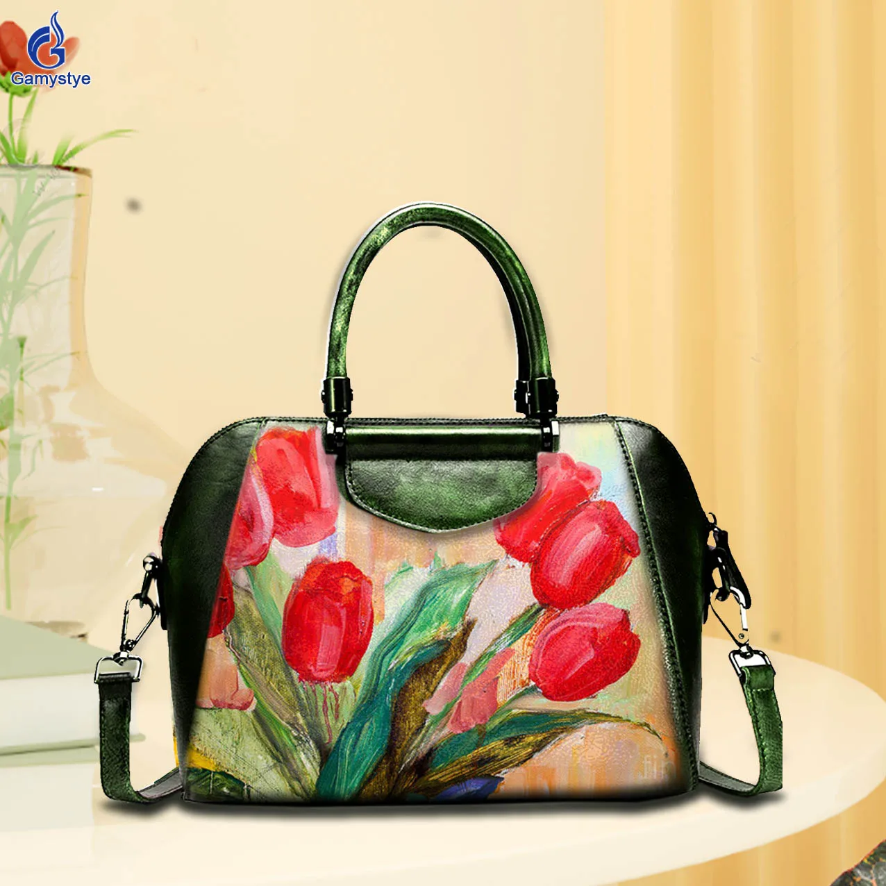 

Hand Draw Flower Tulips Custom Art Bag Genuine Leather Cowhide Ladies Designer Brand Handbag High Quality Messenger Shoulder Bag