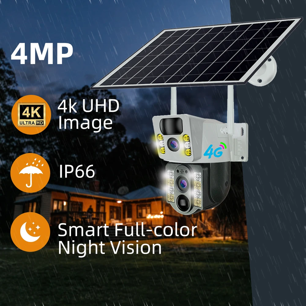 Solar Powered CCTV Camera 4G LTE 1080P Night Vision 50M Detection 2-Way Audio V380 PRO