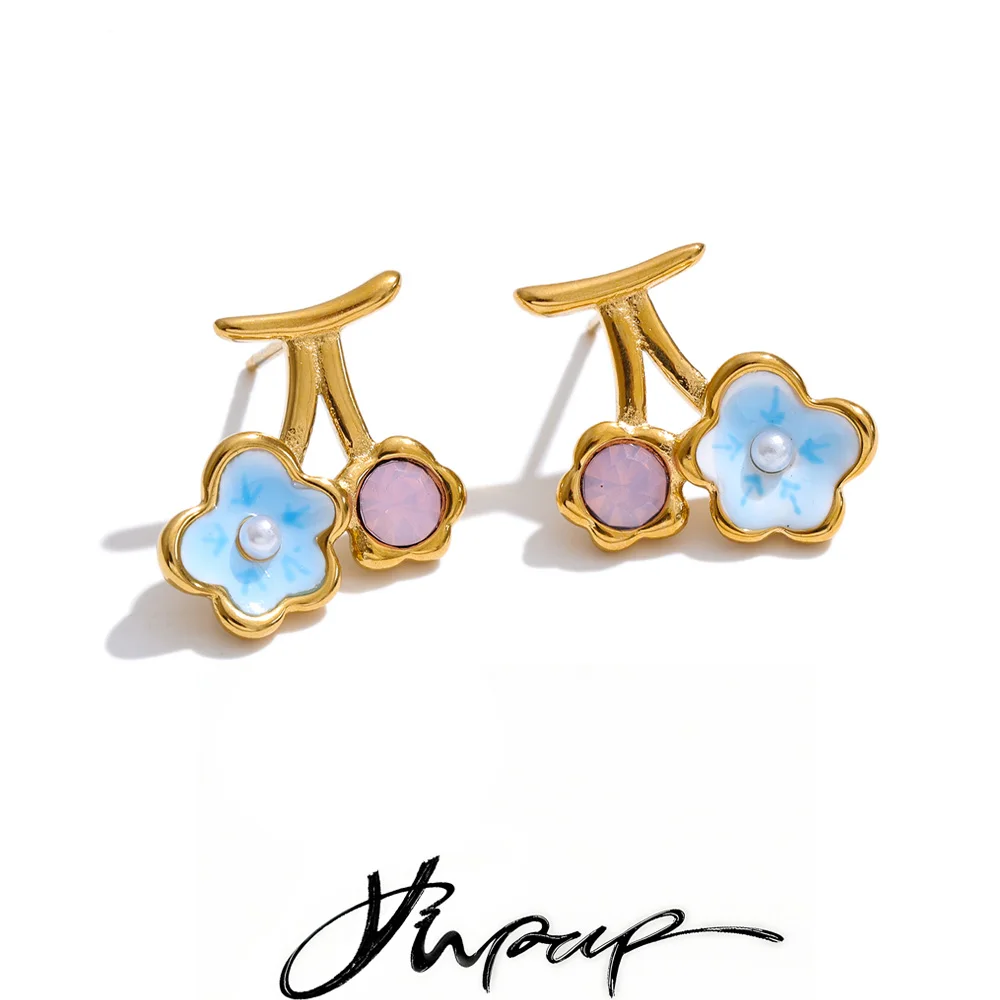Yhpup Cute Spring Style Enamel Flower Sweet Stud Earrings for Women Non Tarnish Charm Young Jewelry PVD Plated Waterproof Gift
