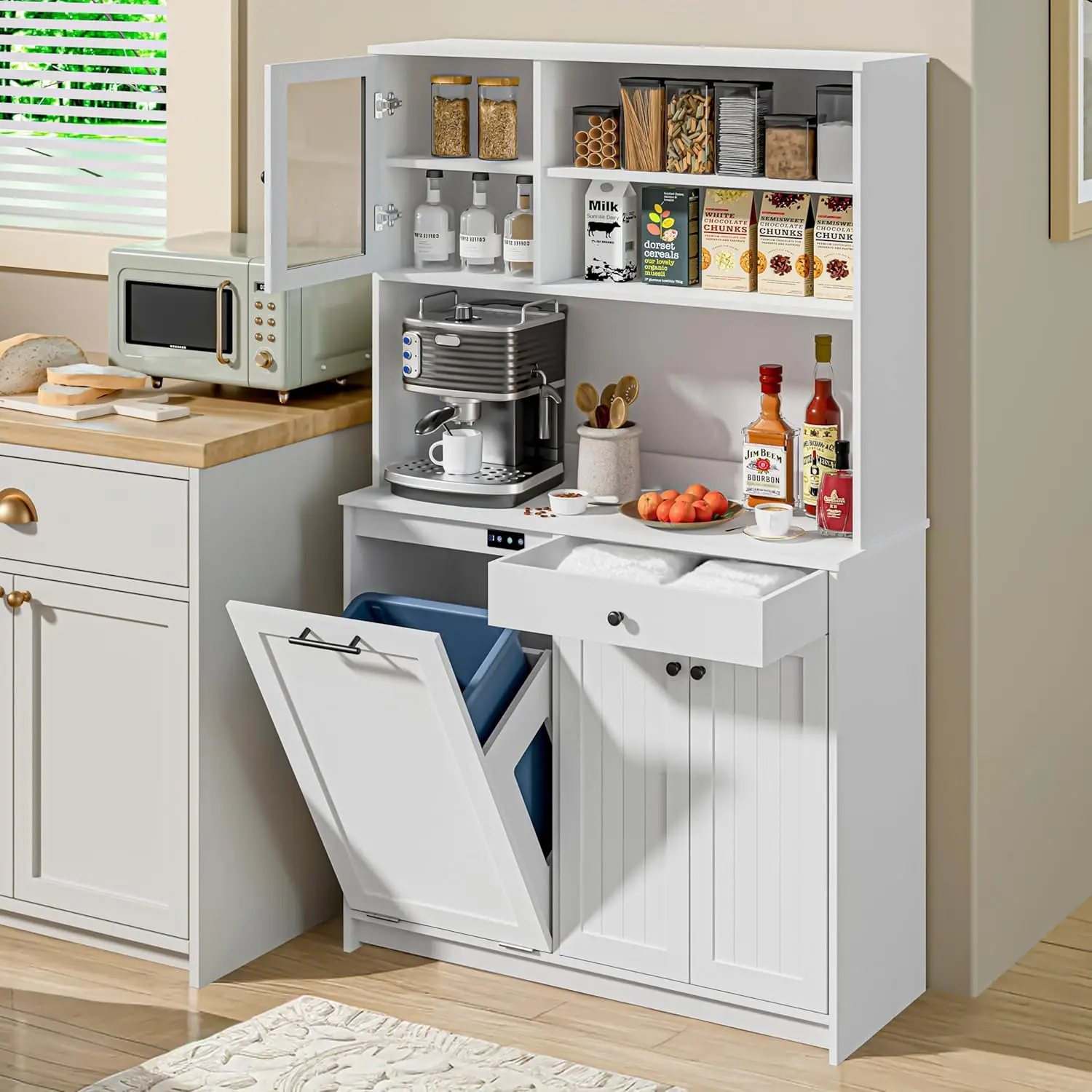 Tilt Out Trash Cabinet with Deodorising Function, Kitchen Hutch with Microwave Shelf and Drawer, Kitchen Pantry