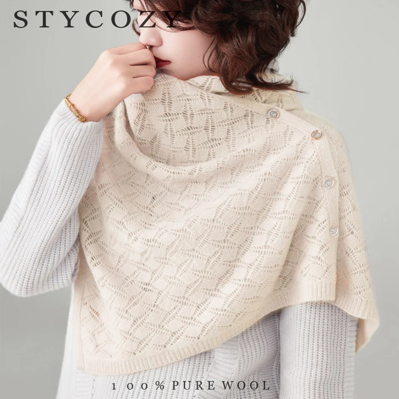 Ladies' 100% Wool Hollow Button Scarf Spring/Autumn Thin Knitted Shawl Scarf Dual-Use Air Conditioning Sweater For Warmth