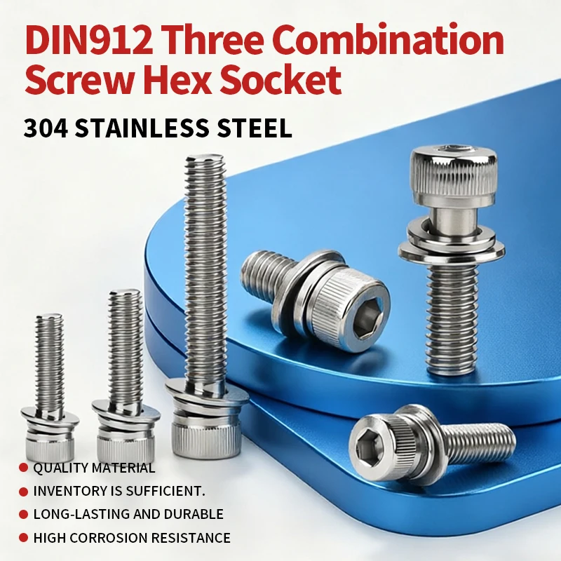 Hex Socket Cap Head SEMS Screws 3-in-1 Combined Bolts with Spring & Flat Washers 304 Stainless Steel M2 M2.5 M3 M4 M5 M6 M8 M10