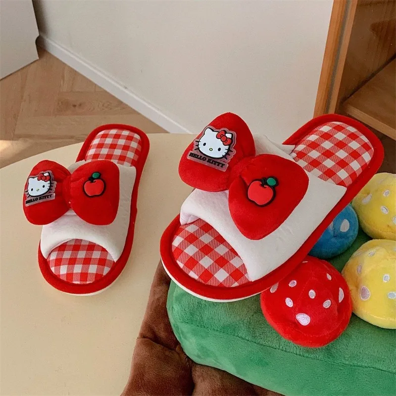 New Sweet Hello Kitty Cartoon Cute Cotton and Linen Slippers Fashionable Four Seasons Casual Soft Sole Home Cotton Shoes