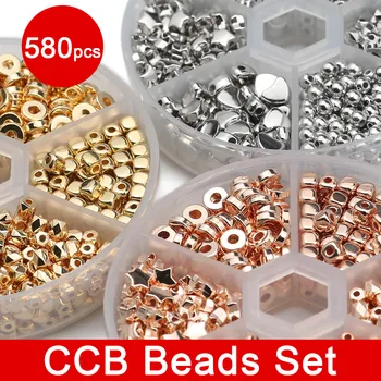 별 복숭아 하트 사각형 유리 CCB 스페이서 도금, 황금 은빛 루즈 비즈, 쥬얼리 DIY 팔찌 귀걸이 액세서리, 580 개  Best5