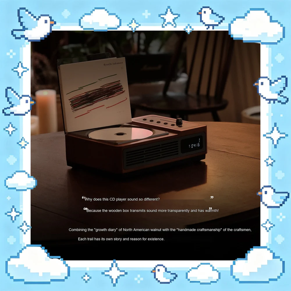THINKYA R02 Retro CD Player Bidirectional Bluetooth FM Radio Hi-Fi Wooden Stereo Speaker All-in-One Album Player for Home