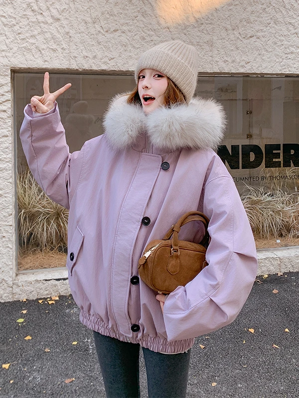 Casaco de Inverno Feminino com Gola de Pele Grande Roxa, Estilo Casual, Ajuste Solto, Comprimento Regular