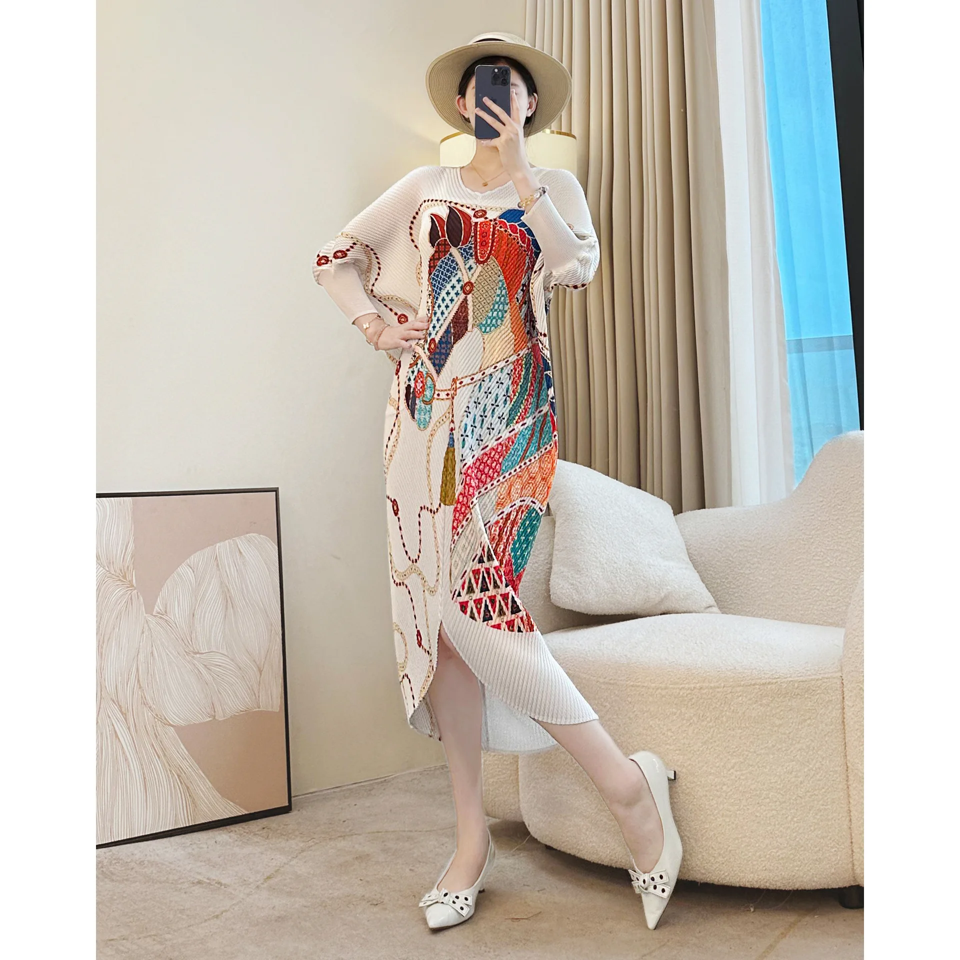 

Miyake Niche Printting Pleasted Women's Dress Elastic Loose Round Collar Long Sleeve Fashion Slit Hem Famale Clothing