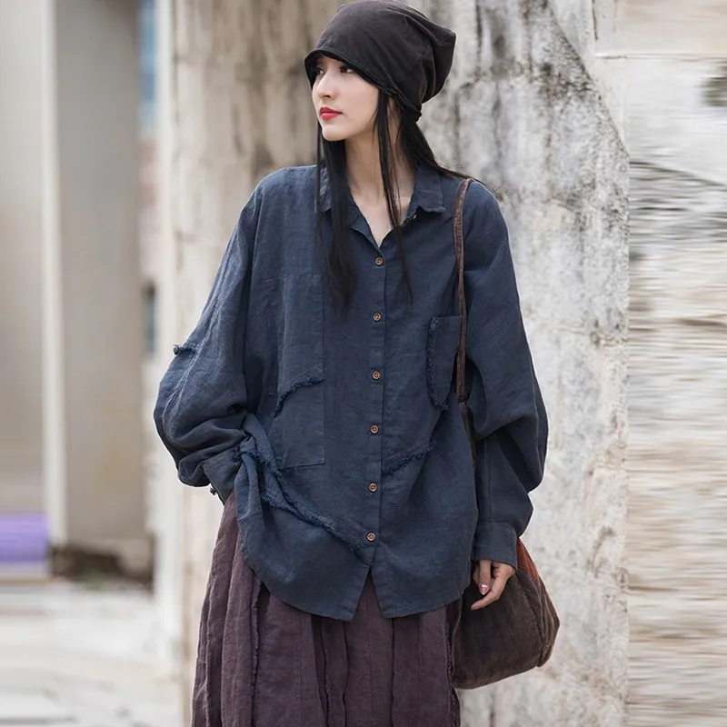 

Новое поступление, осень 2025 года, винтажный стиль, однотонные свободные женские базовые топы, рубашки M240, большие женские хлопковые льняные повседневные рубашки