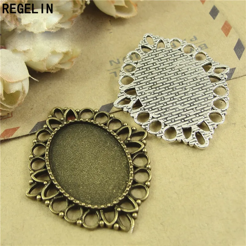 REGELIN Antique bronze/Antique Silver oval filigree cameo cabochon base setting 18*25mm 10pcs/lot Cabochon Pendant Settings