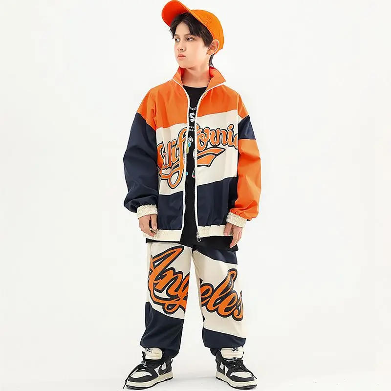 Boys Hip Hop Baseball Jacket Street Dance Loose Pants Girls Contrast Coat Joggers Kids Jazz Sport Clothes Sets Child Streetwear