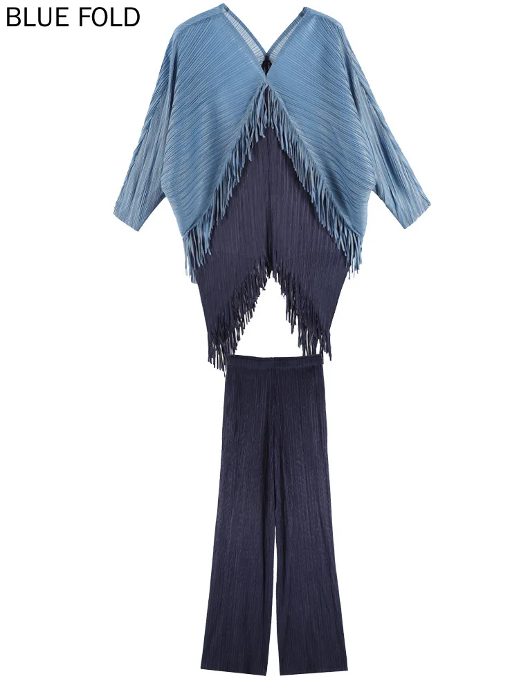 MIYAKE Fashionable Set High-end Sense Tassel Splicing V-neck Bat Sleeves High-waisted Straight-leg Trousers Two-piece Set
