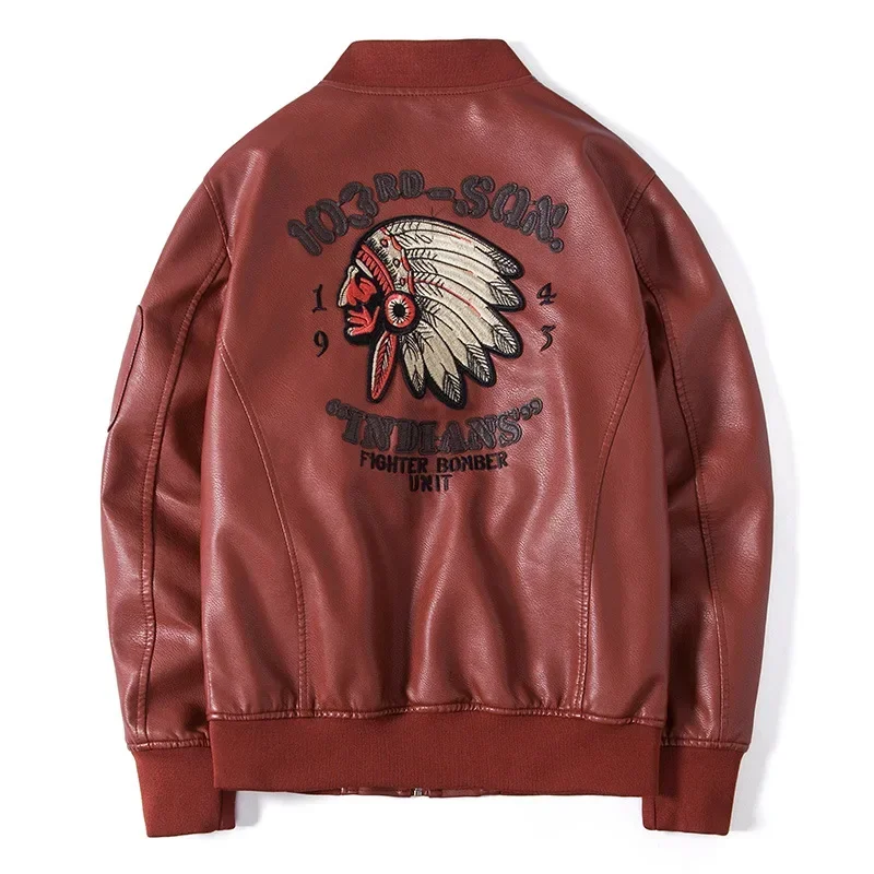2024 New Men\'s Leather Jacket Lapel Embroidery Trend Biker Motorcycle Jacket Men\'s Fashion Casual Windproof PU Bomber Coat 4XL