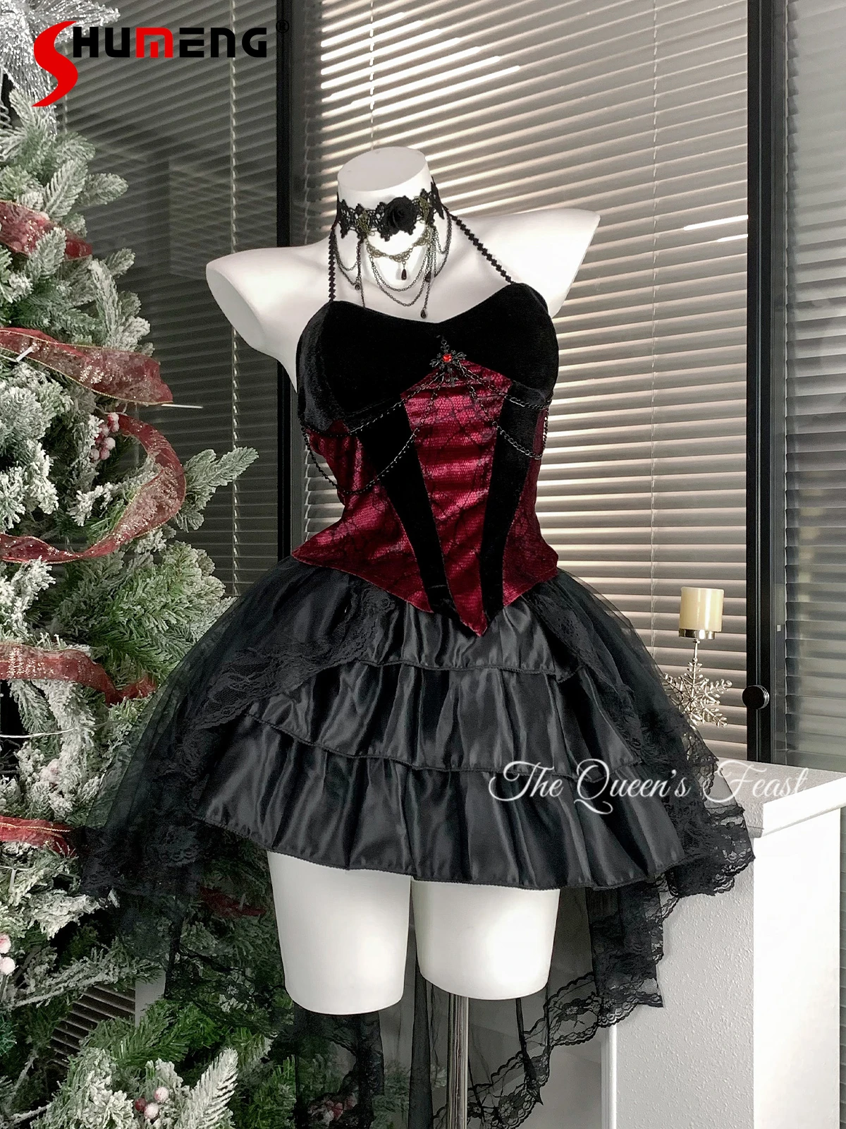 

American Dark Subculture Gothic Sexy Halter Backless Crop Sling Tops High Waist A-line Back Trailing Skirts Two-piece Sets Women