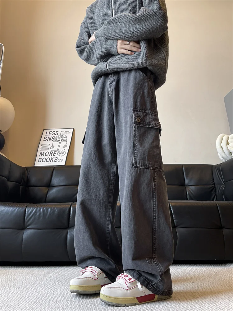 

Мужские рабочие брюки в японском стиле, большие размеры, из чистого хлопка, повседневные, широкие, прямые, свободные, длинные брюки в американском стиле