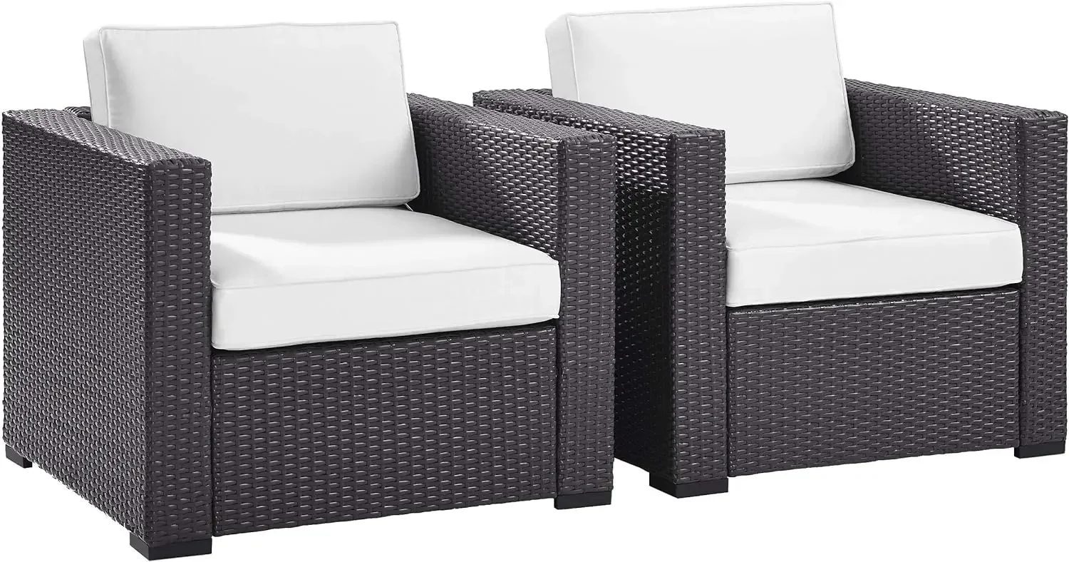 KO70103BR-WH Biscayne 2 Piece Outdoor Wicker Conversation Set with White Cushions, Brown