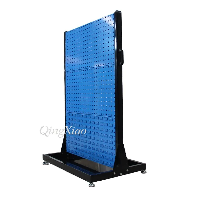 Double Sided Mobile Pegboard Tool Rack With Square Hole Hanging Panel And Hooks For Workshop Garage Tool Storage And DisplayRack