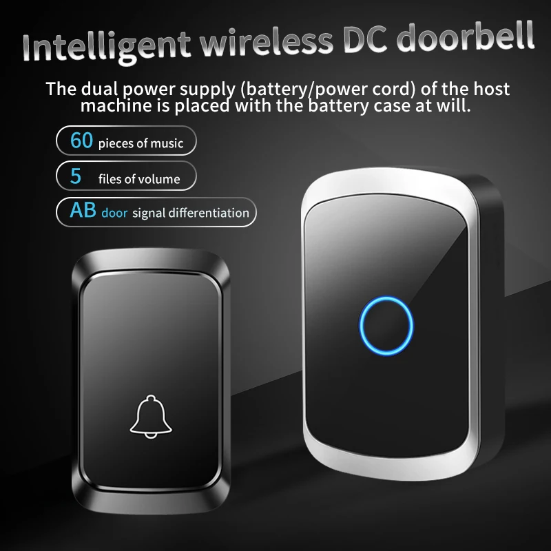 

CACAZI Wireless Doorbell Set Without Battery Required Waterproof Door Bell Smart Home Outdoor Kinetic Adjustable Rings Chime