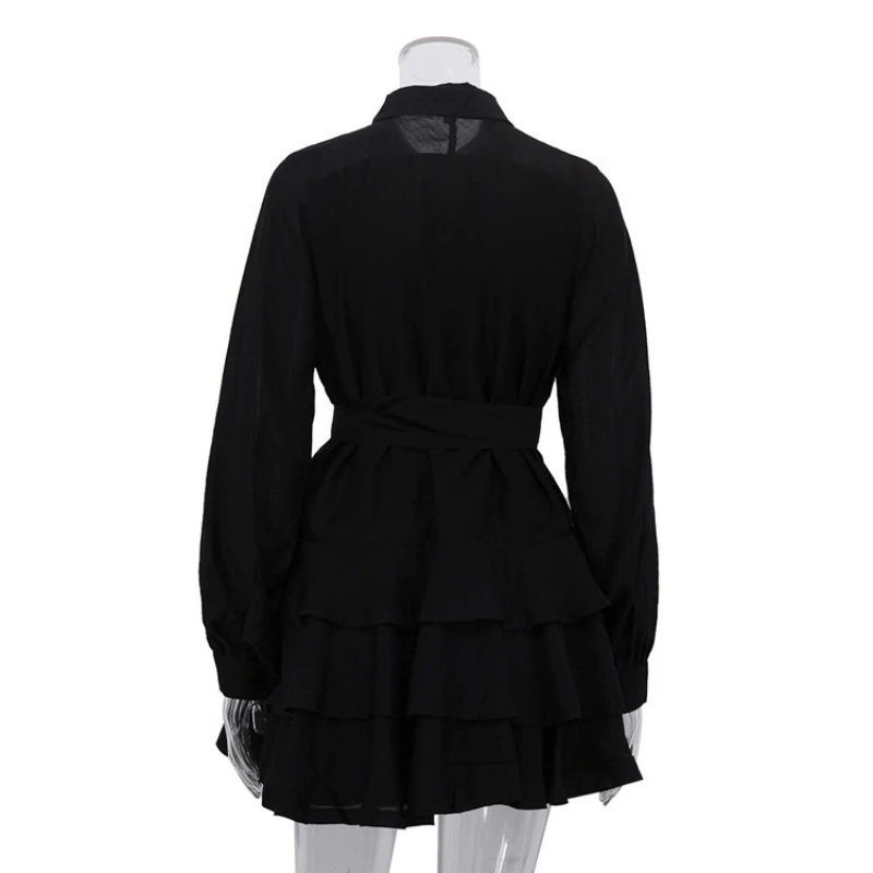 TARUXY Elegant Black Dress Women's Spring New Lapel Collar Long Sleeves Single-Breasted Belt Puffy Dress Female Commuting Dress