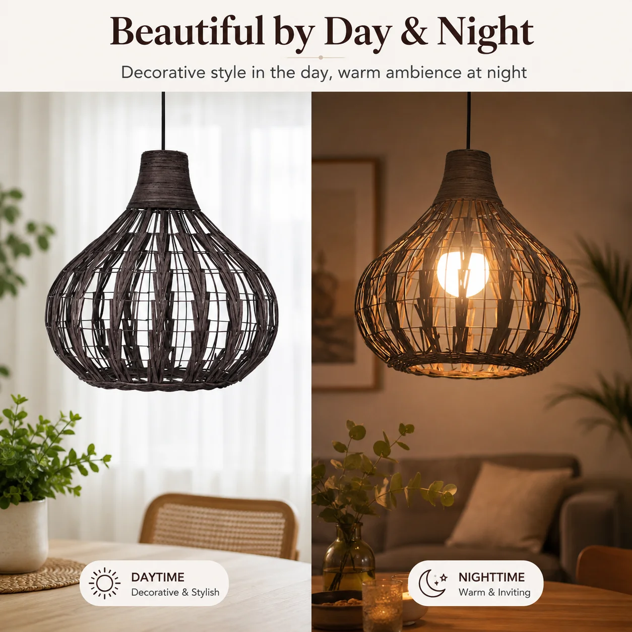 JOYINLED 33cm E26/E27 Boho Rattan Hanging Ceiling Lamp Brown Woven Pendant Light for Bedroom, Dining Room, Bulb Not Included