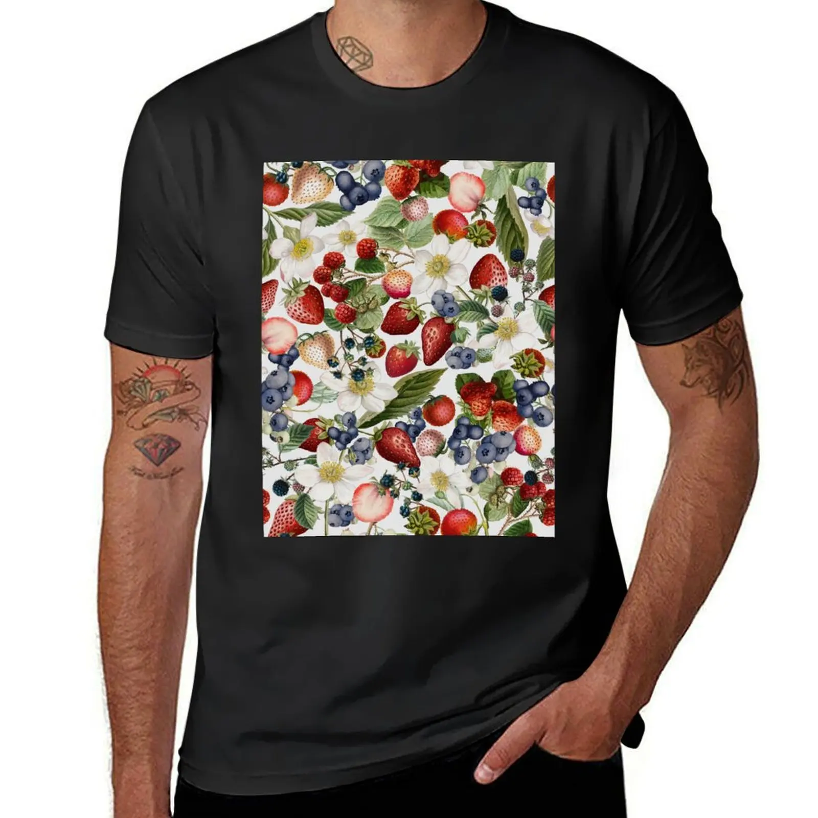 Strawberries And Blueberries Dance - Summer Pattern dark colors- white T-Shirt kawaii clothes customs mens t shirts