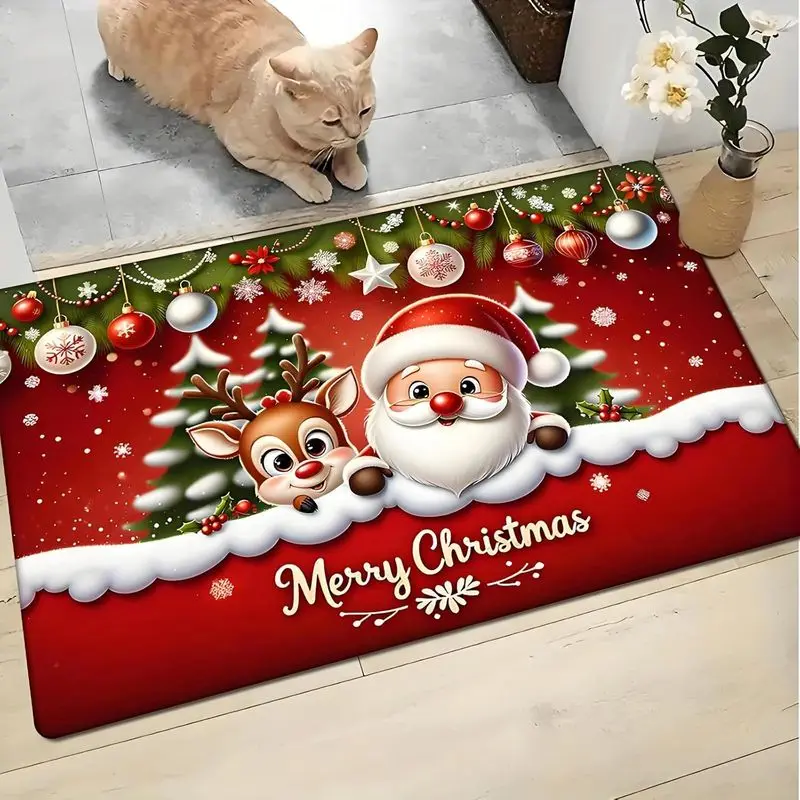 VIKAMA Christmas Flannel Door Mat Five Cats Red Scarf Snowy Pine Print Non Slip Mat For Front Door Porch Entry Home Decor