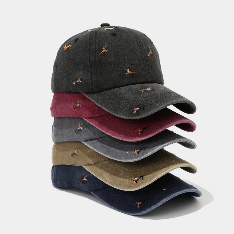 Vintage Washed Cotton Baseball Cap, All Over Dachshund Embroidery Dad Hat, Solid Soft Top Casual Outdoor Sports Sun Hat Unisex