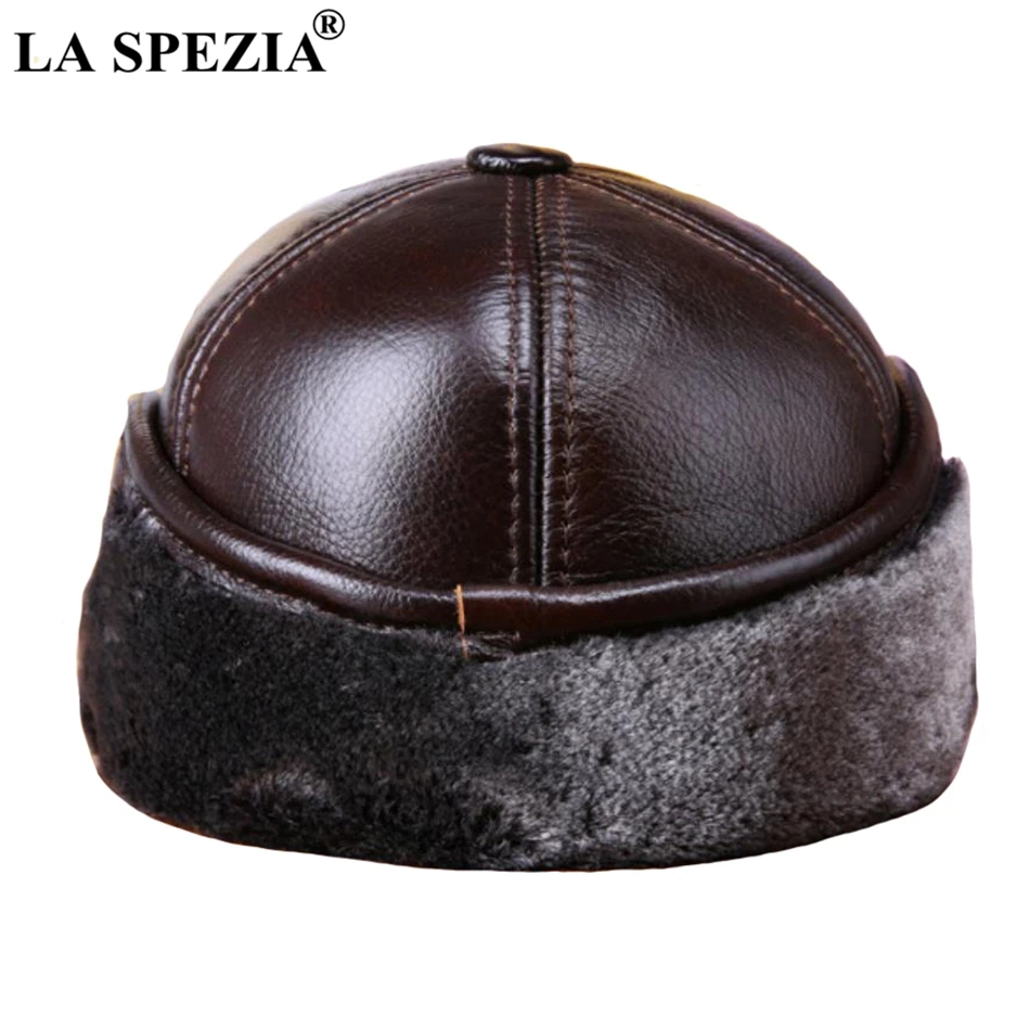 LA SPEZIA Winter Baseball Caps with Fur Earflaps Men Genuine Cow Leather Warm Thick Duckbill Hat Male Luxury Brown Leather Hat