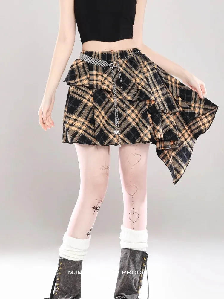 Highstreet Sweet Cool Hot Girl Y2k Skirt High Waist A-line Casual All-matched Irregular Plaid Mini Skirts for Women Spring 2025