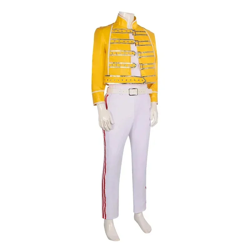 Anime Queen Lead Vocals Freddie Mercury Cosplay Costume Yellow Leather Jacket Coat Unisex Halloween Carnival Outfits