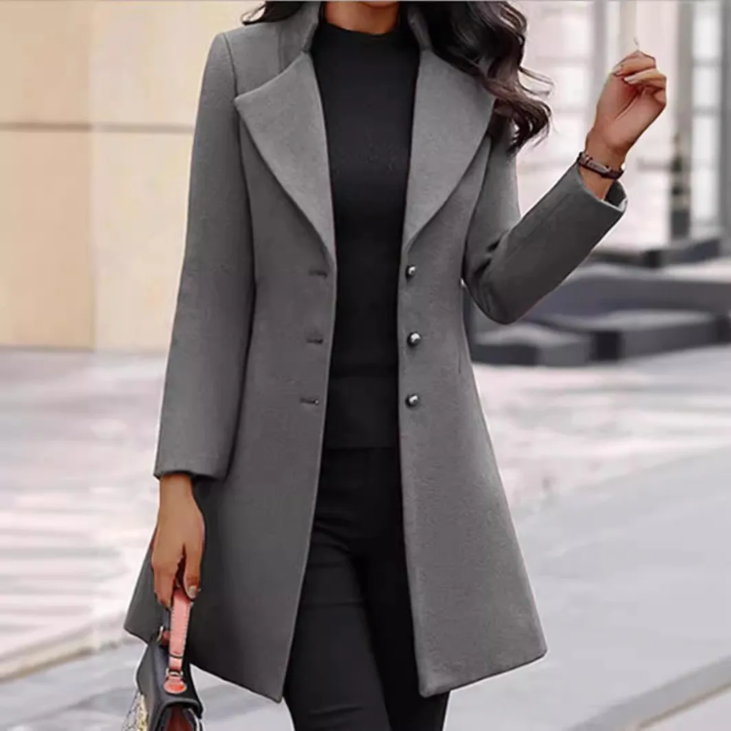 Women's Winter Female Medium Weight Elegant Coat with Notched Collar Three Button Slim Fit Knee Length Solid Color 3D Detail