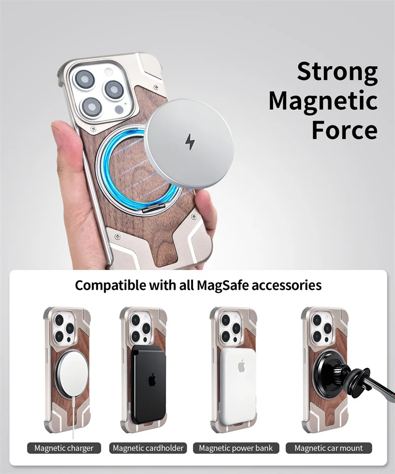 Walnut Wood Metal Borderless Armor Phone Case For iPhone 13 14 15 16 Pro Max Plus 360 Rotating Magnetic Bracket Shockproof Cover