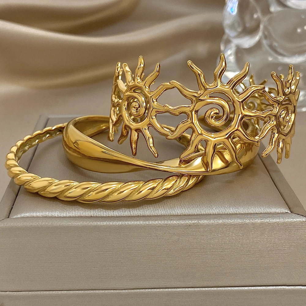 Greatera Hollowed-out Sun Opening Bracelet Simple Linear Stainless Steel Twisted Original Design Women's Bangle Jewelry Gifts