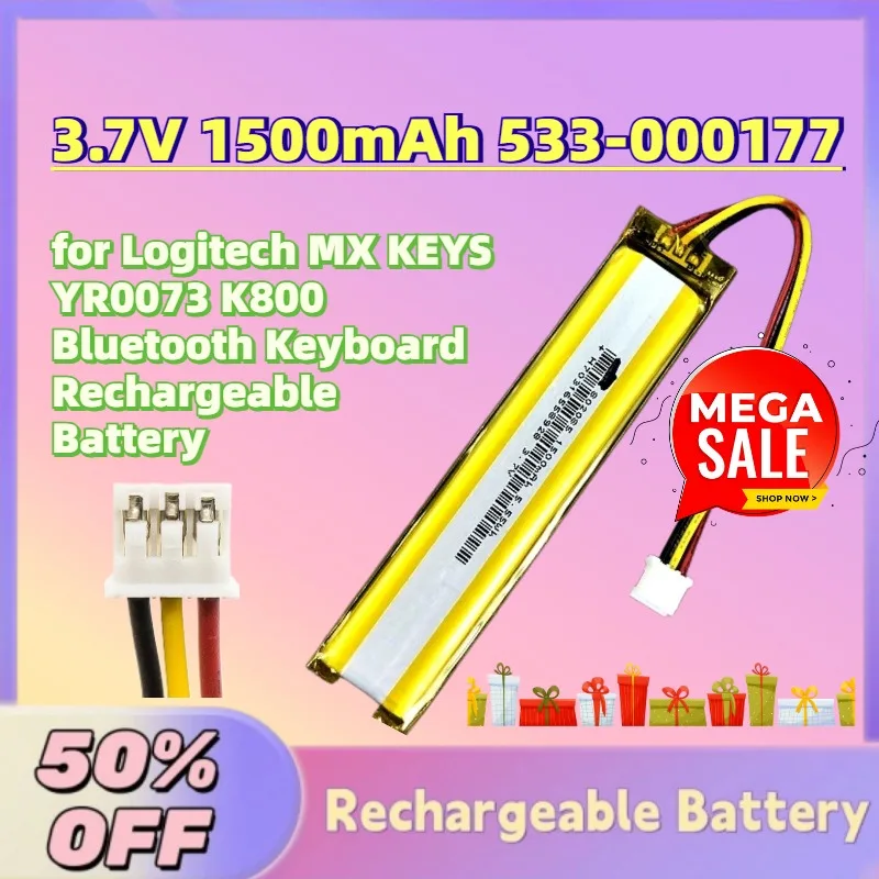 

In Stock New 3.7V 1500mAh 533-000177 Li-ion Battery for Logitech MX KEYS YR0073 K800 Bluetooth Keyboard Rechargeable Battery