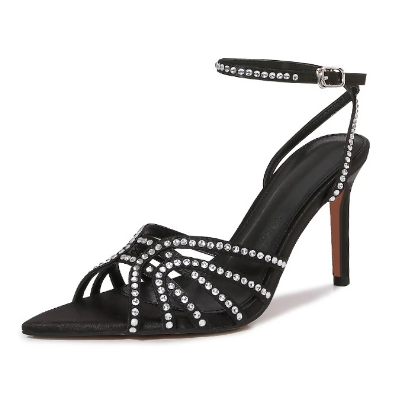 

Роскошные женские туфли на каблуке 2025 года — черные атласные босоножки на шпильке с острым носком и ремешком на щиколотке со стразами для вечеринок и вечеров