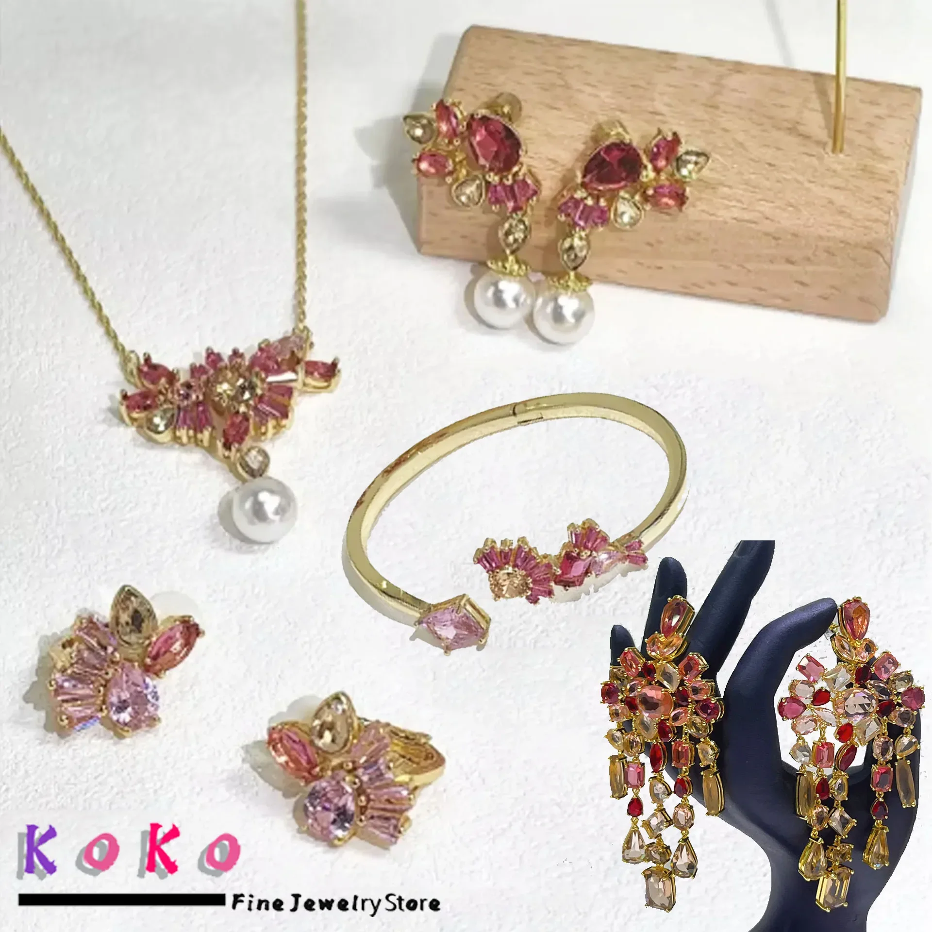

Original 2025 Candy Necklace for Women Fashion Fine Jewelry Set Trendy Pink Zircon Crystal Bracelet Earrings Party Jewelry Gift