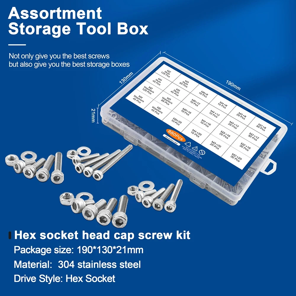 

Hex Hexagon Socket Screw Assortment Kit M2 M3 M4 M5 Stainless Steel Flat Round Cap Head Bolt and Nut Set