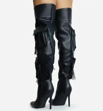 Autumn Black Brown Solid Matte Leather Pocket Tassel Over The Knee Boots Fashion Women Pointed Toe Thin Heels Slim Thigh Boots