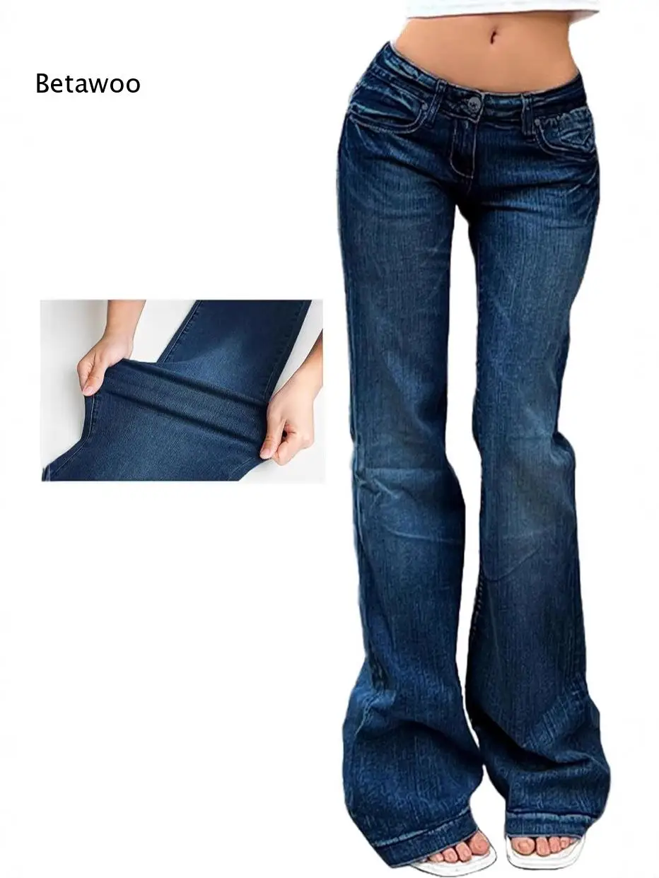 Women's Retro Low-Rise Stretch Denim Flare Jeans with Slim Fit and Bootcut Leg, Casual Streetwear Pants in Dark