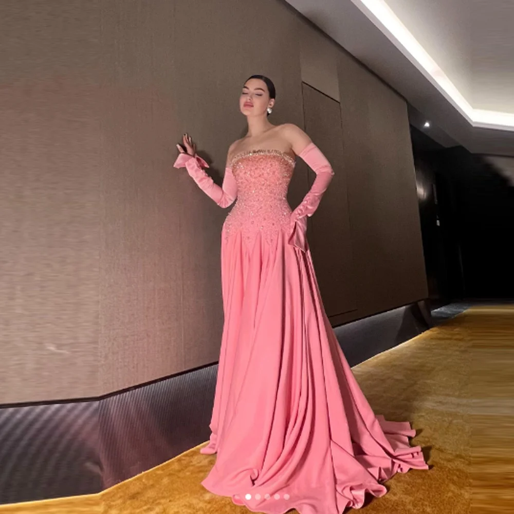 تخصيص كلاسيكي الوردي جيرسي مساء اللباس الرسمي حمالة أكمام فساتين لحضور الحفلات الموسيقية حساسة ألف خط الديكور فساتين المشاهير