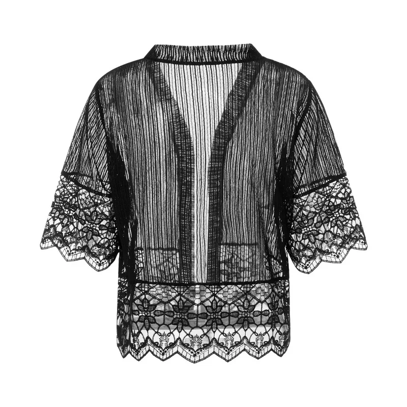 Women´s Open Front Shrug See Through Short Sleeve Solid Color Lace Patchwork Crop Top Sheer Mesh Bolero Cover Up Summer